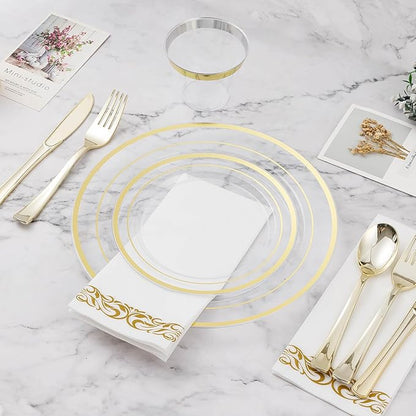 100PCS Clear Plastic Plate, 7 Inch Disposable Dessert Plate Party with Gold Rim, Heavy Duty Disposable Plastic Plates for Party, Wedding and Birthday