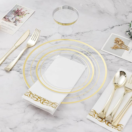 100PCS Clear Plastic Plate, 7 Inch Disposable Dessert Plate Party with Gold Rim, Heavy Duty Disposable Plastic Plates for Party, Wedding and Birthday