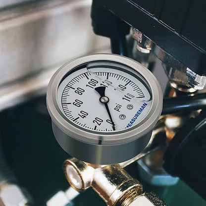 MEASUREMAN 2-12" Dial Size, Glycerin Filled Plumbing Pressure Gauge, 0-160psi, Stainless Steel Case, 14" NPT Back Mount