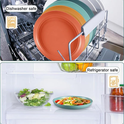 HEYCOME 12 Pcs Unbreakable Deep Dinner Plates Set, 9 inch Reusable Plastic Wheat Straw Plates, Microwave and Dishwasher Safe Plate for Kitchen, Lightweight Plate for Dessert, BPA Free, 4 Colors
