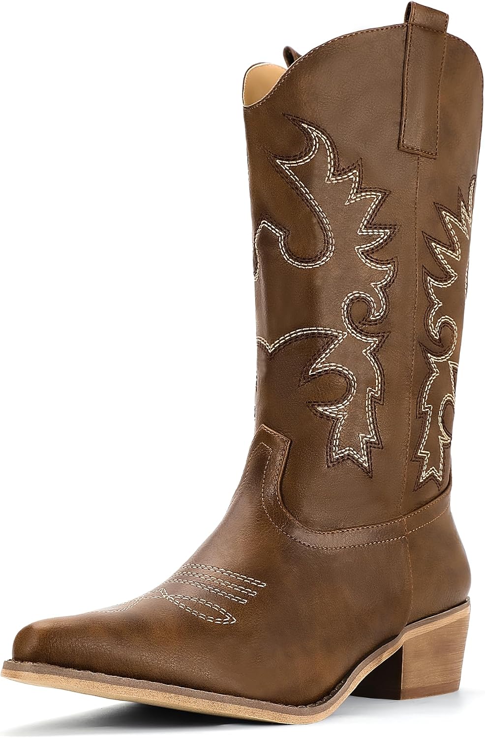 IDIFU Women's Cowboy Boots for Women Cowgirl Western Mid Calf Embroidered Chunky Low Heel Pointed Toe Country Dress Cute Fashion Comfortable Boots Booties