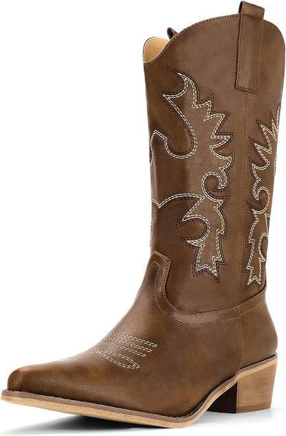 IDIFU Women's Cowboy Boots for Women Cowgirl Western Mid Calf Embroidered Chunky Low Heel Pointed Toe Country Dress Cute Fashion Comfortable Boots Booties