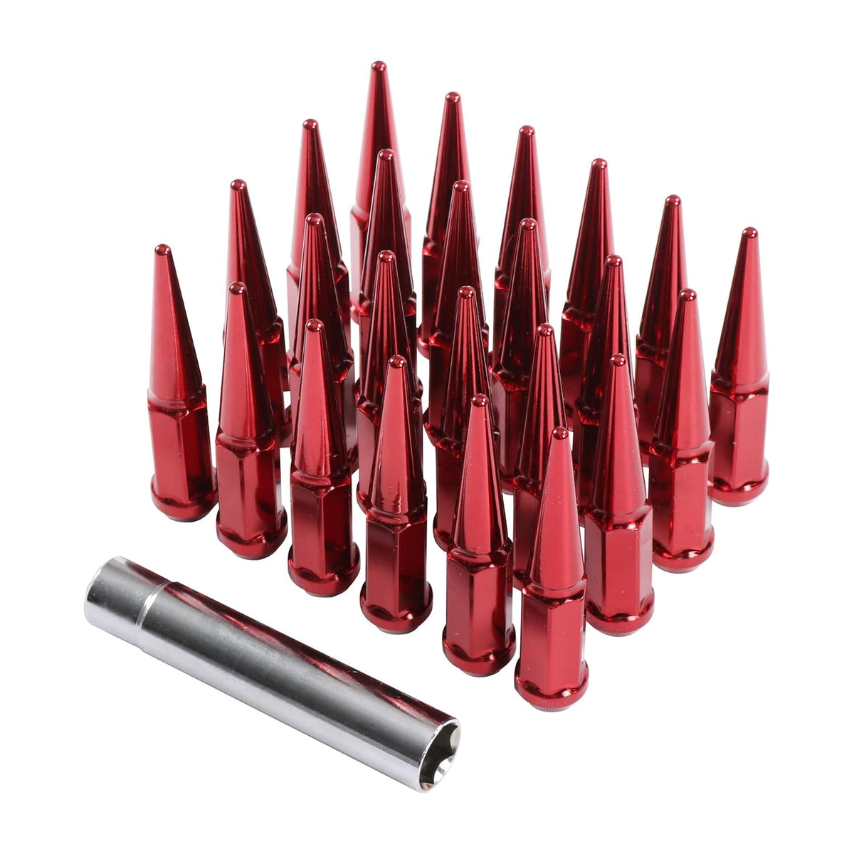 New Wheel Spike Lug Nuts (24pcs) with 1 Socket Key Red 14x1.5 4.5 Tall 6 Lug 14mmx1.5 Replacement for GMC Chevy Ford Vehicles