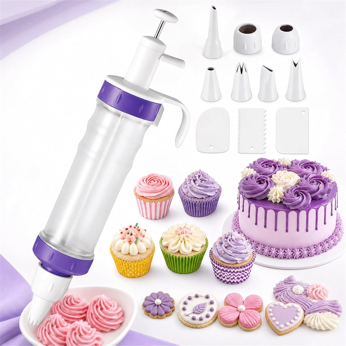 Frosting Piping Kit with Syringe Dispenser, 5 Nozzles, 3 Cake Scrapers Icing Dispenser Tool Cake Decorating Kit for Cupcakes, Cookies, Dessert Filling and Deviled Eggs (2 nozzles not included)