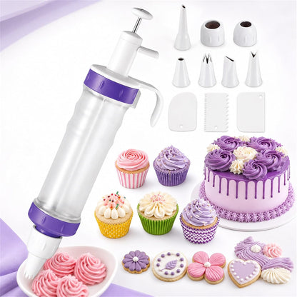 Frosting Piping Kit with Syringe Dispenser, 5 Nozzles, 3 Cake Scrapers Icing Dispenser Tool Cake Decorating Kit for Cupcakes, Cookies, Dessert Filling and Deviled Eggs (2 nozzles not included)