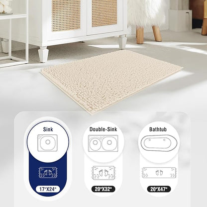 TECHMILLY Soft Fluffy Chenille Bathroom Rugs, Non Slip Absorbent Bath Mats for Bathroom, Washable and Quick Dry, Navy, 17" x 24"