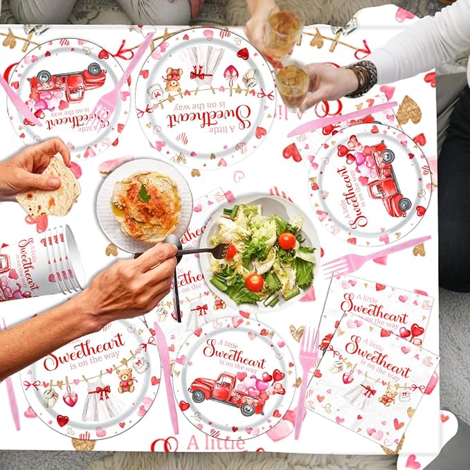 A Little Sweetheart is On The Way Decorations-142Pcs Valentines Baby Shower Tableware Red Hearts Bear Truck Little Sweetheart Paper Plates Kit