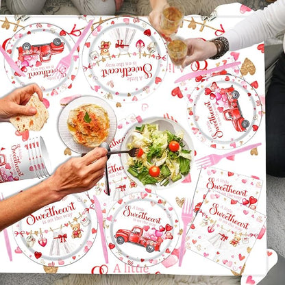 A Little Sweetheart is On The Way Decorations-142Pcs Valentines Baby Shower Tableware Red Hearts Bear Truck Little Sweetheart Paper Plates Kit