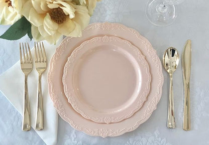 " OCCASIONS " 50 Plates Pack (25 Guests)-Vintage Wedding Party Disposable Plastic Plate Set -25 x 10'' Dinner + 25 x 7.5'' Salad/Dessert plates (Verona Blush Pink/Antique Rose)