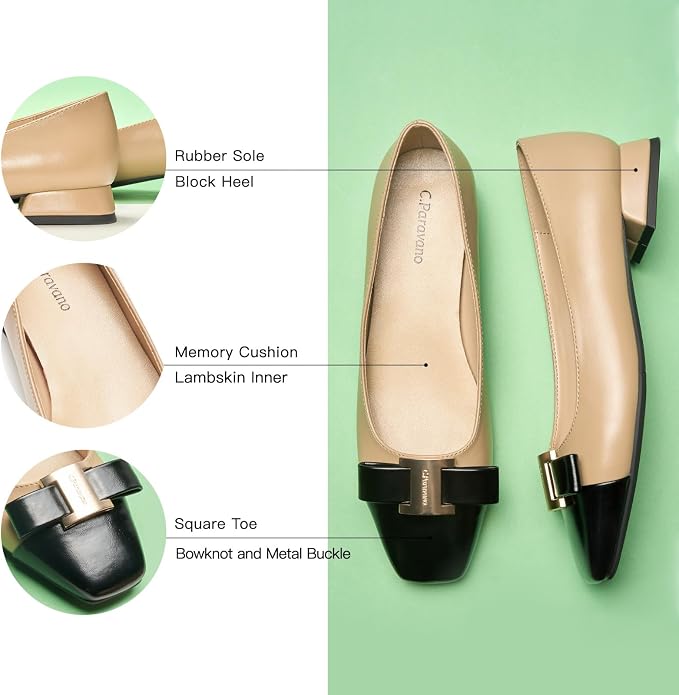9.5 C.Paravano Flats Women | Ballet Flats | Square Toe | Dressy Casual Shoes | Two-Toned Toe, Lambskin Leather Insole, Anti-slip Grooved Sole, Classic & Chic, Comfortable Work Shoes Women, Fashion Slip On