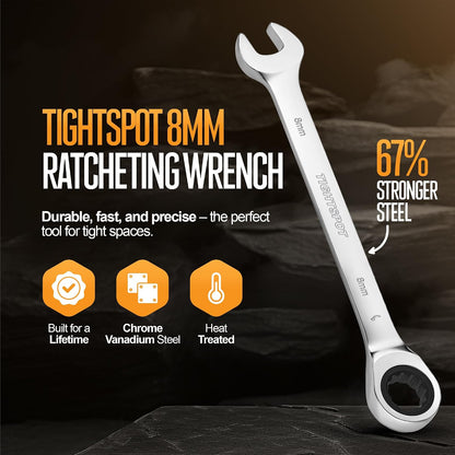 TIGHTSPOT 8 mm Ratchet Combination Wrench with Precision Movement, Polished Steel for Projects with Metric Tight Spaces