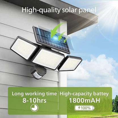 Solar Security Light Outdoor Light 302 LEDs 1200lm?Solar-Powered Waterproof Wall-Mounted Flood Light w/PIR Motion Sensor, 3 Heads, IP65 Waterproof, 3 Modes (1 Pack)