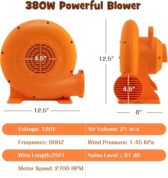 Costzon Air Blower, 380W 0.5HP Bounce House Blower with 25 FT SJTW Wire & Stakes, IPX4 Air Blower for Inflatables, ETL, GFCI Plug, Perfect for Inflatable Bouncer Blower, Jumper, Bouncy Castle Orange