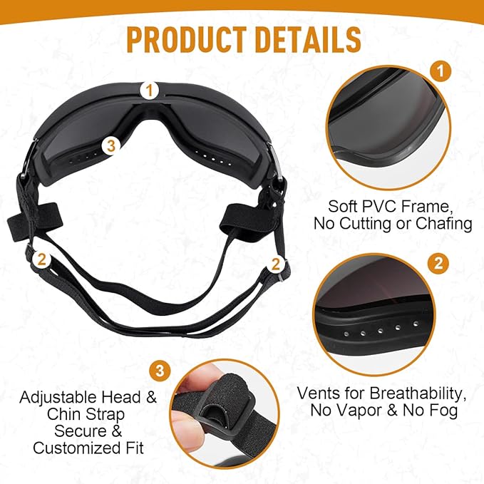 Dog Sunglasses Dog Goggles Medium Large Breed, Dog Glasses Sun Protection Windproof Waterproof Dustproof, Pet Glasses Anti-Broken Anti-Fog with Adjustable Strap for Driving Motorcycle Swimming Surfing