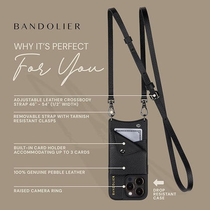 Bandolier Emma Crossbody Wallet Phone Case for iPhone 14 Pro. 100 Genuine Pebble Leather. Adjustable  Removable Crossbody Strap. Card Holder with Snap Closure. Black with Pewter Hardware