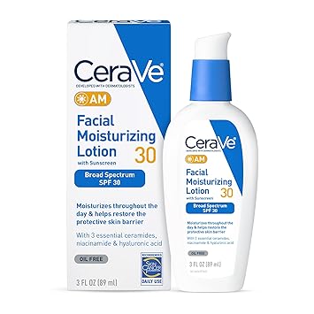 CeraVe AM Facial Moisturizing Lotion with SPF 30, Oil-Free Face Moisturizer with SPF, Formulated with Hyaluronic Acid, Niacinamide  Ceramides, Non-Comedogenic, Broad Spectrum Sunscreen, 3 Ounce