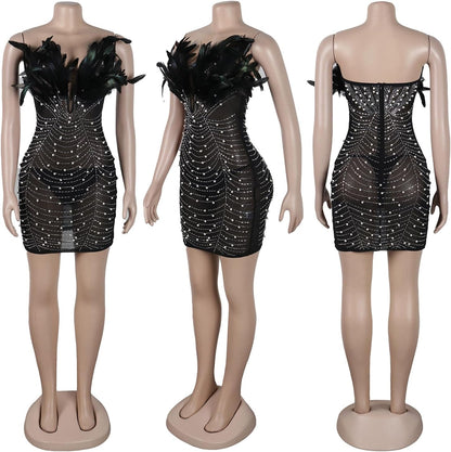 Yuopeid Women's Deep V Neck Mini Bodycon Dresses Sleeveless Rhinestone Feather Sexy Mesh Birthday Party Strapless Dress.