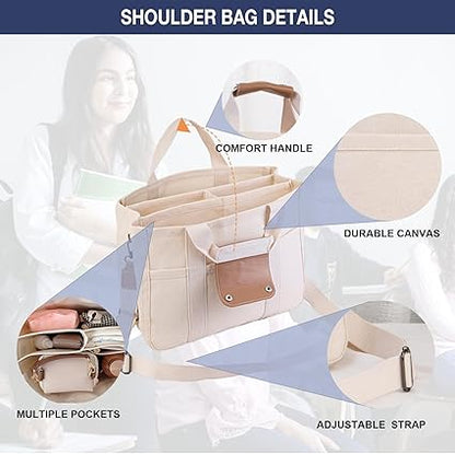 Women Multi-Pocket Canvas Tote Bag Durable Large Capacity Crossbody Handbag,Adjustable Strap Versatile Crossbody Bag