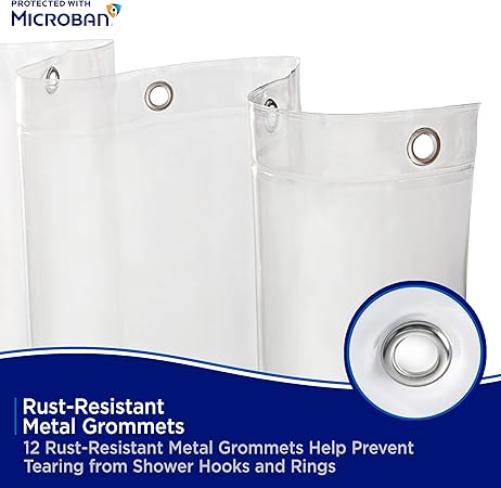 Kenney MB61160 Microban Protected Medium Weight 4.8 Gauge Waterproof PEVA Shower Curtain Liner with Rust-Resistant Metal Grommets and Weighted Magnetic Hem for Bathroom, 70" W x 72" H, Clear, 1-Pack