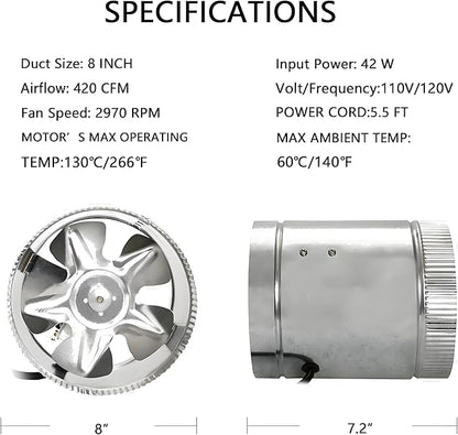 SunStream 8 Inch 420 CFM Inline Booster Duct Fan Ventilation HVAC Exhaust Fan with Low Noise for Basements, Bathrooms, Kitchens and Workshops