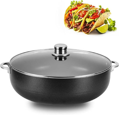 Alpine Cuisine 7 Quart Nonstick Cauldron with Glass Lid Multipurpose Aluminum Dutch Oven for Stewing - Boiling - Stewing Non-stick Coating with Black Finish