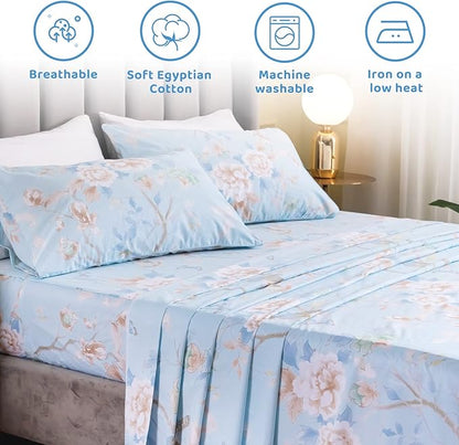 QSH Floral Bed Sheets Set Queen Size - Luxury Bird Butterfly Print Bed Sheet Set - 100% Egyptian Cotton Extra Soft and Breathable - 4 pcs Deep Pockets Flower Bed Sheets