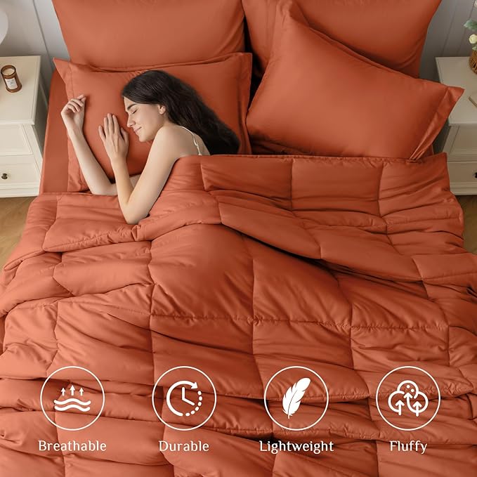JOLLYVOGUE Queen Comforter Set, Ultra-Soft Queen Size Comforter Sets, 7-Piece Bed in a Bag, Goose Down Alternative, Oeko-TEX Certified, Sheets  Pillowcases, Burnt Orange