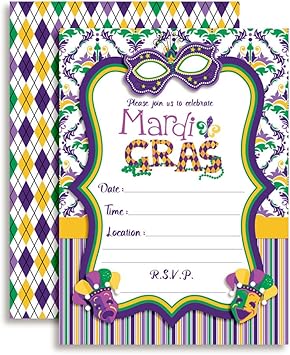 Amanda Creation Mardi Gras Masks Fill In Party Invitations, set of 20 including envelopes