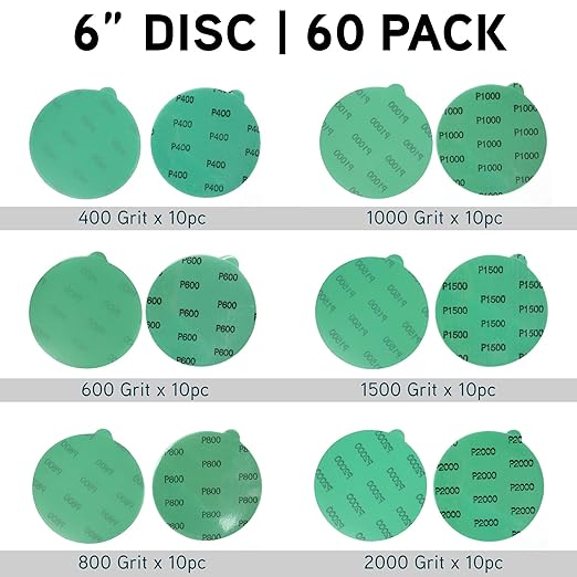 LotFancy 6 Inch PSA Sanding Discs with Tabs, 60PCS 400 600 800 1000 1500 2000 Grit Self Adhesive Wet Dry Green Film Sandpaper Assortment, Random Orbital Sander Fine Grit Sand Paper
