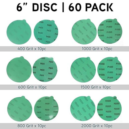LotFancy 6 Inch PSA Sanding Discs with Tabs, 60PCS 400 600 800 1000 1500 2000 Grit Self Adhesive Wet Dry Green Film Sandpaper Assortment, Random Orbital Sander Fine Grit Sand Paper