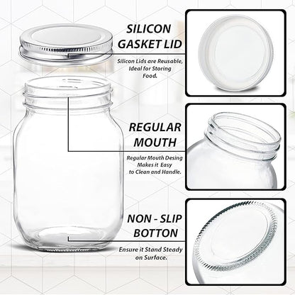 Glass Regular Mouth Mason Jars, 16 oz Clear Glass Jars with Silver Metal Lids for Sealing, Canning Jars for Food Storage, Overnight Oats, Dry Food, Snacks, Candies, DIY Projects (2 PACK)
