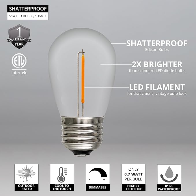 5-Pack S14 LED Replacement Edison Bulbs, Shatterproof 0.7W Dimmable Outdoor Light Bulbs IP65 Waterproof Patio String Light Replacement Bulbs, Warm White