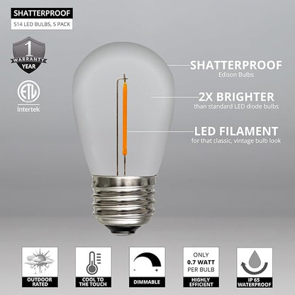 5-Pack S14 LED Replacement Edison Bulbs, Shatterproof 0.7W Dimmable Outdoor Light Bulbs IP65 Waterproof Patio String Light Replacement Bulbs, Warm White