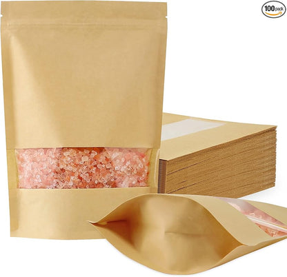 FireKylin 100 Pcs Kraft Paper Bags with Window, 7.1" x 10.2" Stand Up Pouches Bags, Zip Lock Food Storage Bags for Packaging Products, Reusable, Sealable