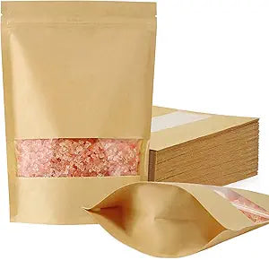 FireKylin 100 Pcs Kraft Paper Bags with Window, 7.1" x 10.2" Stand Up Pouches Bags, Zip Lock Food Storage Bags for Packaging Products, Reusable, Sealable