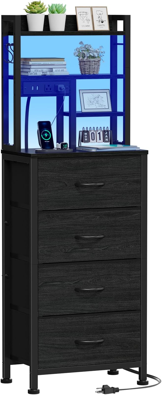 Tall Nightstand, LED Night Stand with Charging Station and USB Ports, 4 Fabric Drawers and 4 Tier Storage Shelf, Nightstands Bedside Tables for Bedroom, Dorm, Office (Black Oak)