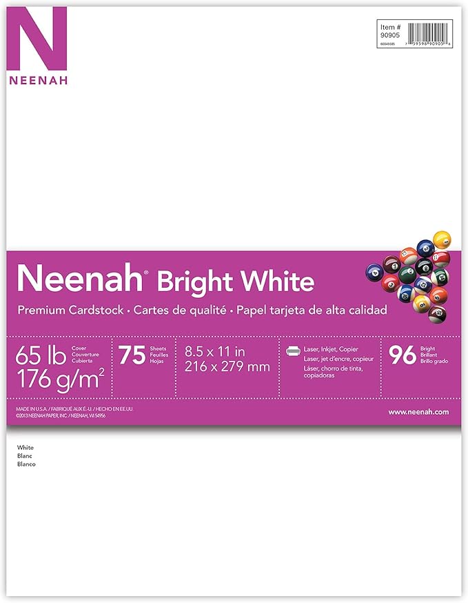 AstrobrightsNeenah Bright White Cardstock, 8.5" x 11", 65 lb176 gsm, White, 75 Sheets (90905-02) - Packaging May Vary