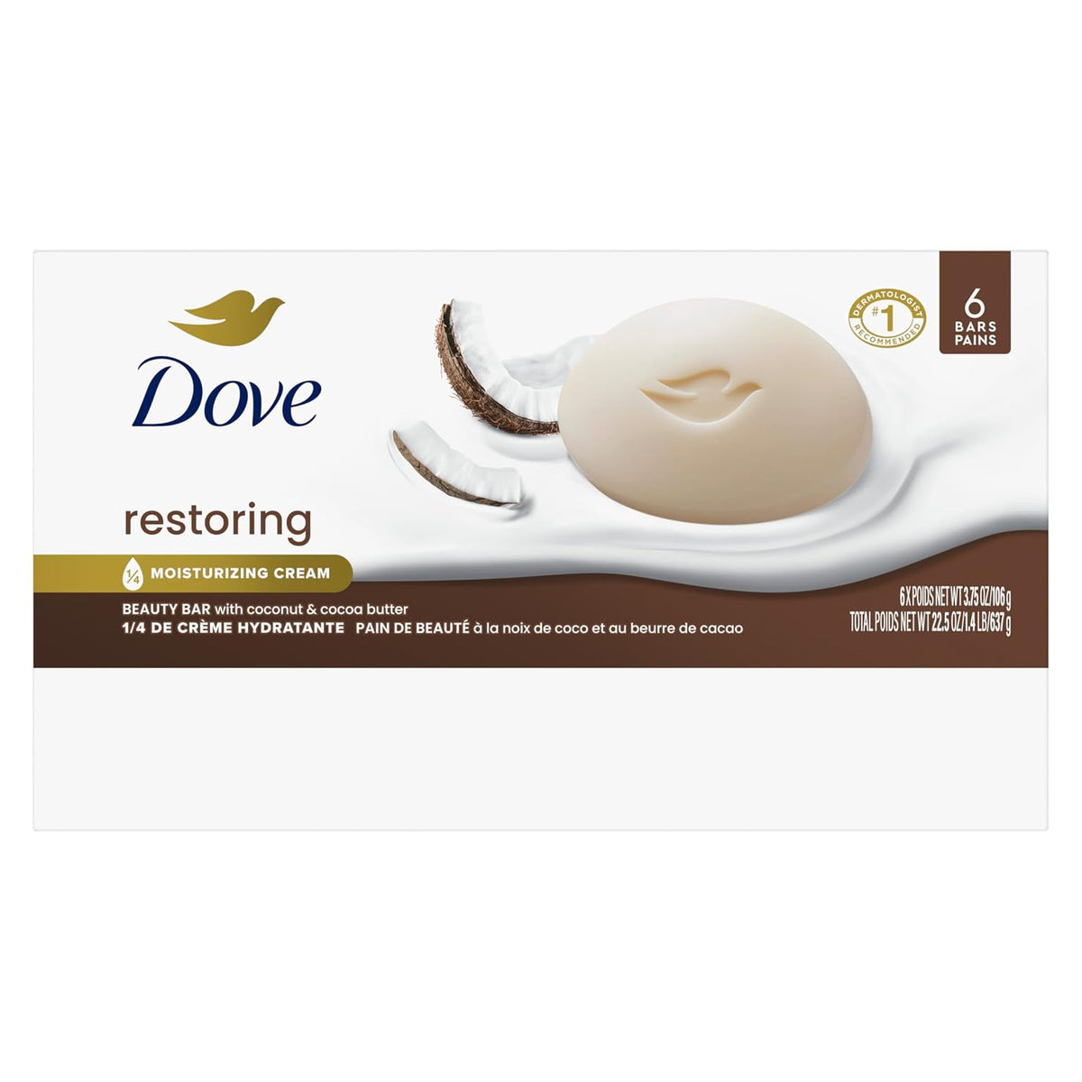 Dove Beauty Bar Soap Restoring Coconut & Cocoa Butter 5 Count for Restored Skin, Nourishes Skin 3.75 oz