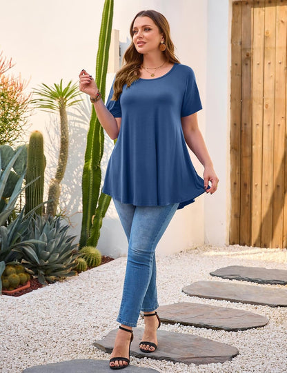 JollieLovin Women Plus Size Short Sleeve Summer Long Tunic Tops Loose Fit T-Shirt to Wear with Leggings(L-5X)