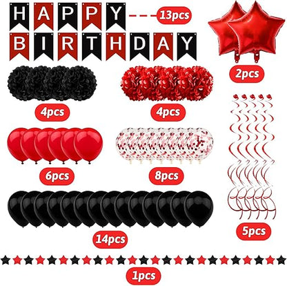 Black and Red Birthday Decorations, Happy Birthday Decorations with Banner for Boys Girls Men Women Birthday Party Decorations Supplies