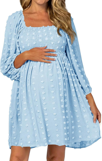 Listicle Women's Long Sleeve Maternity Dress Square Neck Swiss Dot Casual Loose Short Dresses