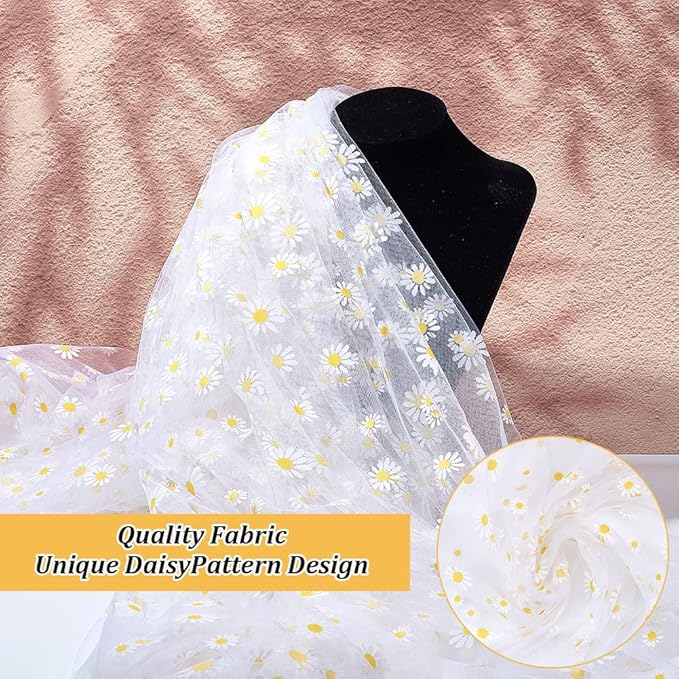 BENECREAT 4 Yard Daisy Flower Print Fabric, White Tulle Lace Ribbon for Wedding Dress Skirt DIY Sewing Decorations Craft Supplies