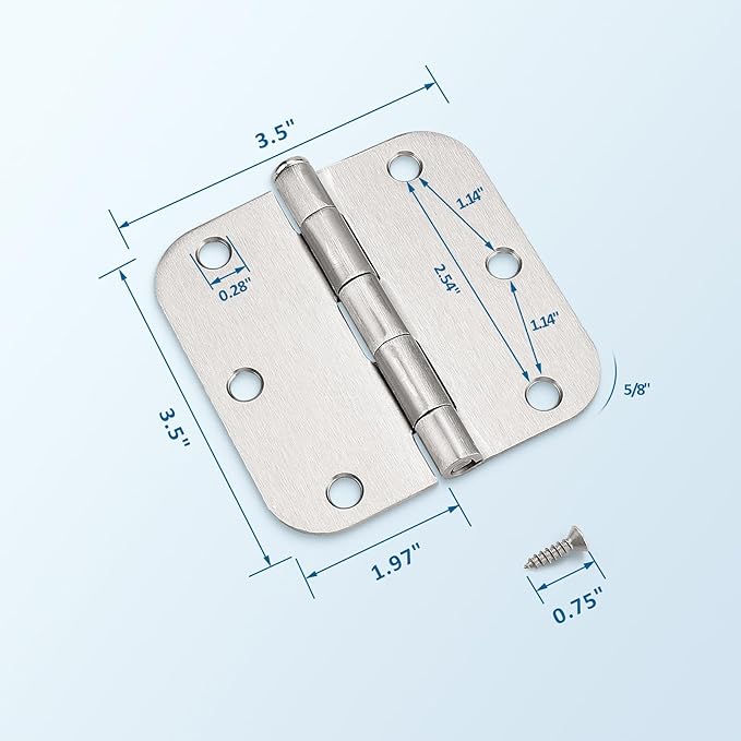 KNOBWELL 6 Pack 3.5 inch Brushed Nickel Door Hinges Interior Door Hinges Rounded for ExteriorInterior Heavy Duty Satin Nickel Door Hardware