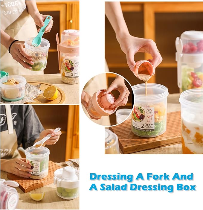 Breakfast On The Go Cups, Salad Cup To Go, Take And Go Yogurt Cereal Overnight Oats Snack Parfait Containers & Salad Dressing Holder With Fork For Lunch, Fruit & Vegetable Jar(Pink,36.2oz)