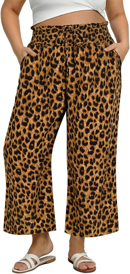 SHEIN Plus Size Pants Summer Palazzo Wide Leg Pants Smocked High Waist Ankle Beach Lounge Trouser with Pockets XL -5XL