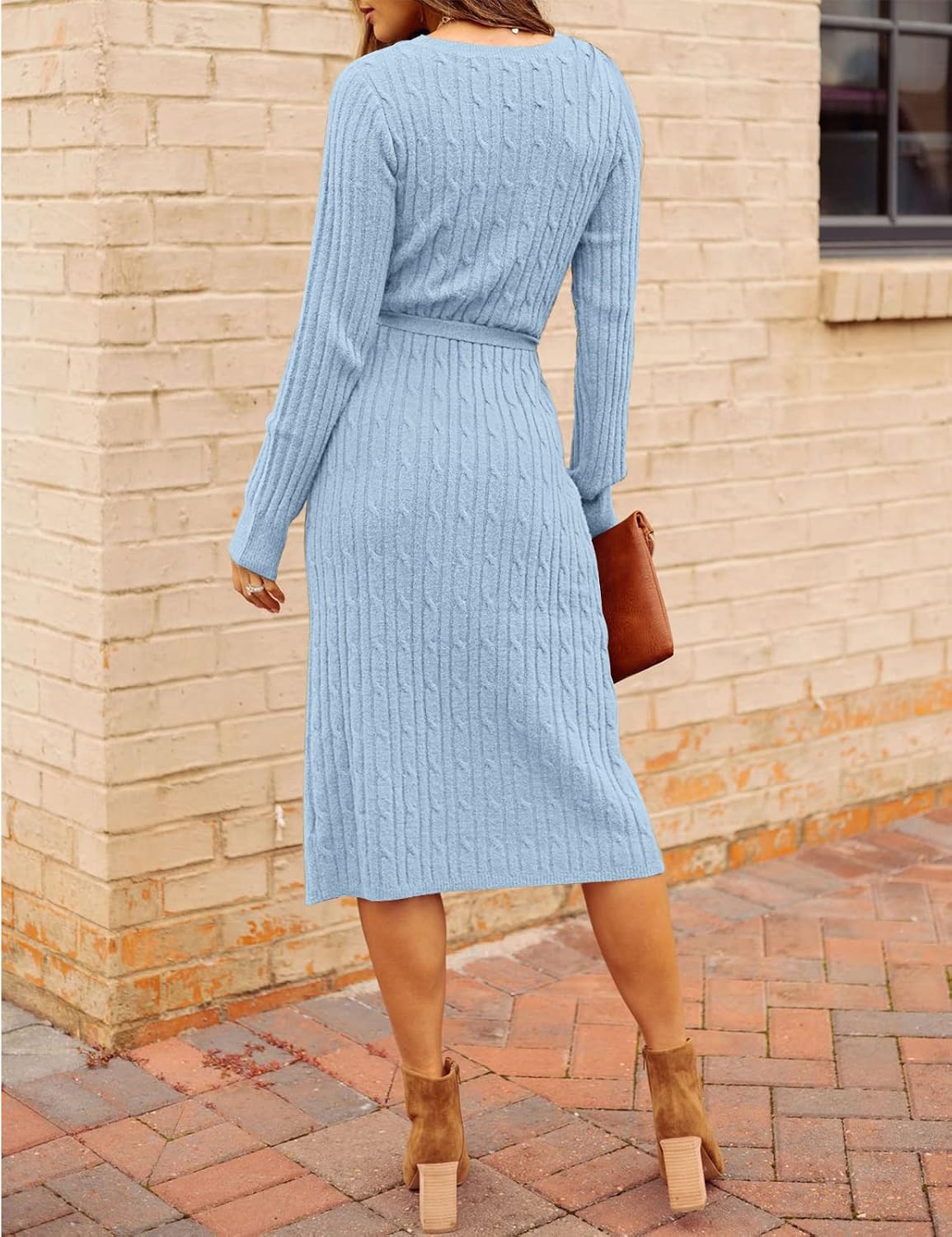 MEROKEETY Womens Fall Long Sleeve V Neck Cable Knit Midi Sweater Dress 2026 | Ladies, Winter, Side Slit, Tie Waist, Soft, Cozy, Stretchable, Baby Shower, Maternity, Gender Reveal, Club, Holiday Dresses