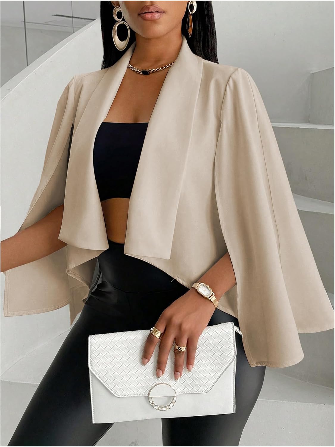 OYOANGLE Women's Cape Long Sleeve Cropped Blazer Jacket Open Front Solid Elegant Trendy Cardigan Coats.