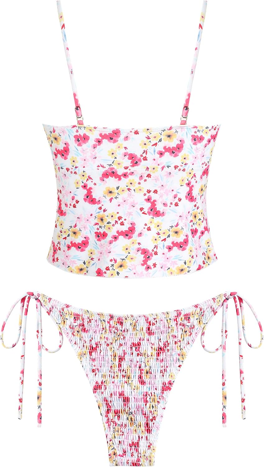 Size Large Deal: ZAFUL Tankini Swimsuits for Women Smocked Ruffles Tie Front Bowknot Textured High Cut Tanga Tankini Set