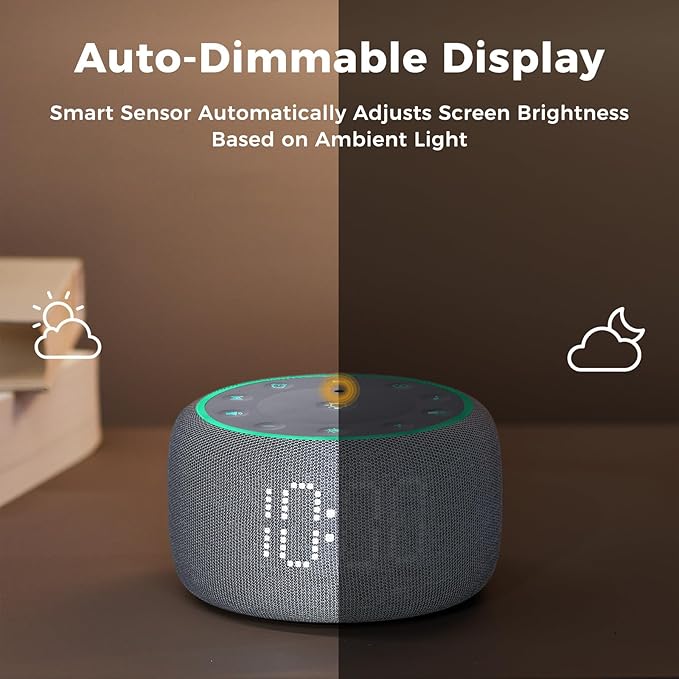 White Noise Machine Alarm Clock for Bedrooms - 5W Stereo Bluetooth Speaker - 24 Soothing Sounds - 9 Night Lights - Auto-Dimmable Digital Alarm Clock Sound Machine for Sleeping