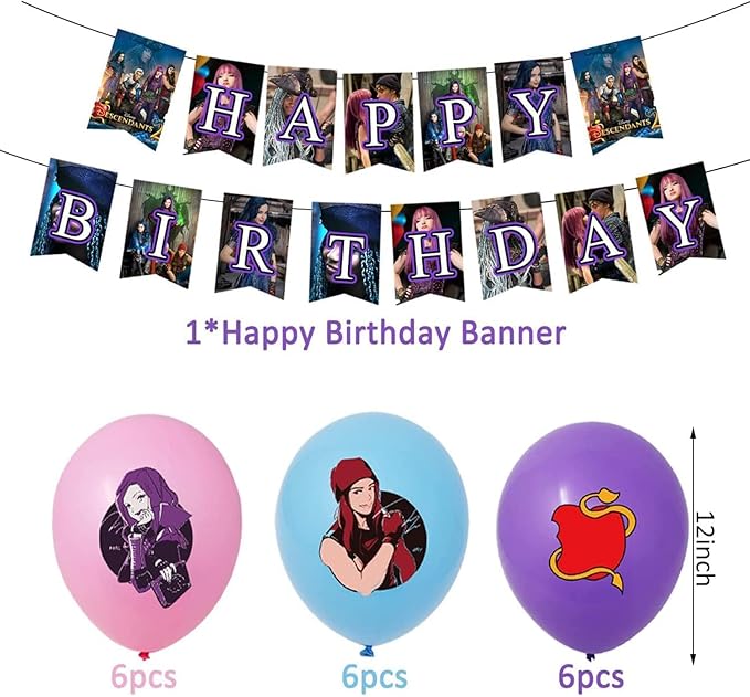 Descendants birthday party supplies,Descendants party including cake caps, cupcake caps, flags, Latex Balloons, It is very suitable for boy's and girl themed birthday party supplies.